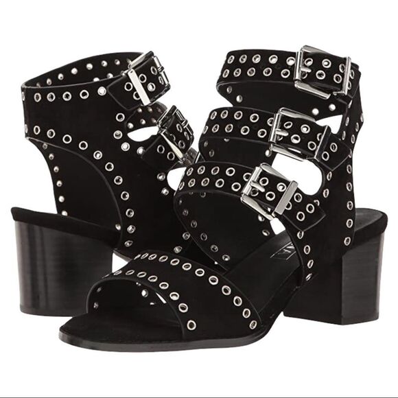 SOL Sana Black Sweet Pea Black Studded Suede Block Heeled Sandals Size 39 - Picture 1 of 11